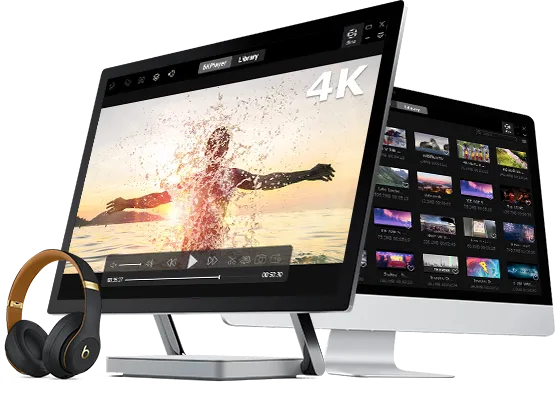 A widescreen monitor playing a high-resolution landscape video, linked to a graphics card, processor, memory, playback app icons and an SSD